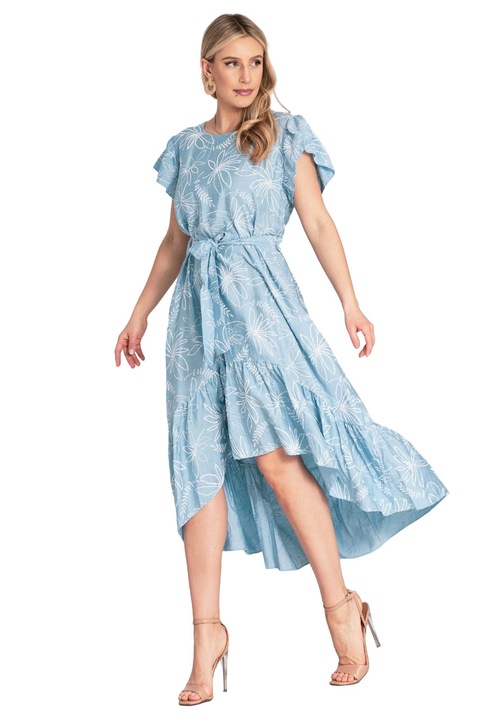 Rochie Figl M1179, imprimeu floral, volane, albastra, material de calitate, viscoza, One Size INTL