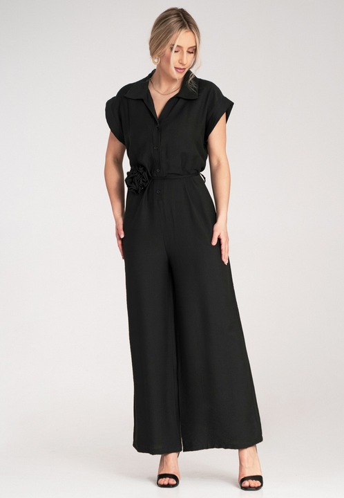 Salopeta dama, Figl, cu picior lat si maneca scurta, negru, material universal, One Size INTL