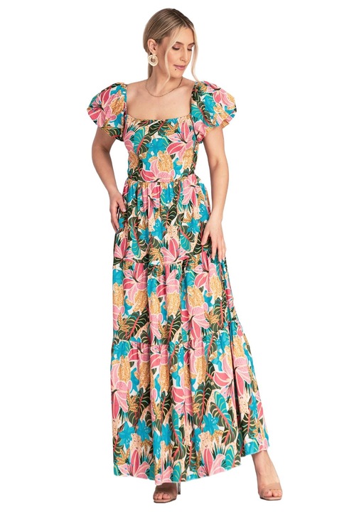 Rochie Figl M1188, roz, decolteu patrat, talie elastica, bumbac/elastan, S/M, S-M INTL