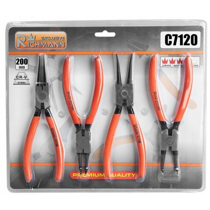 Set 4 clești pentru inele Seeger, RICHMANN, otel crom-vanadiu, 200mm