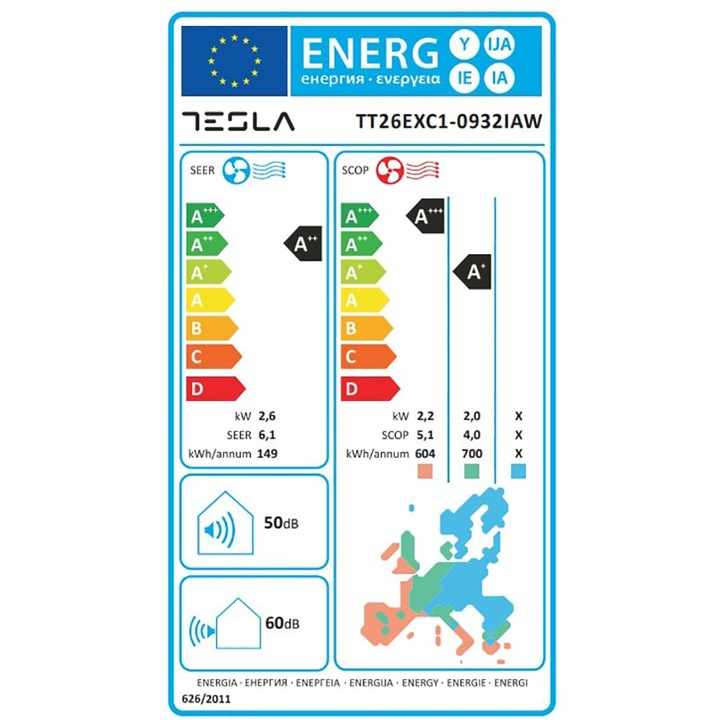 Aer Conditionat TESLA Ambient TT26EXC1, 9000BTU, A++/A+, Functie Incalzire, Inverter, Wi-Fi, Alb