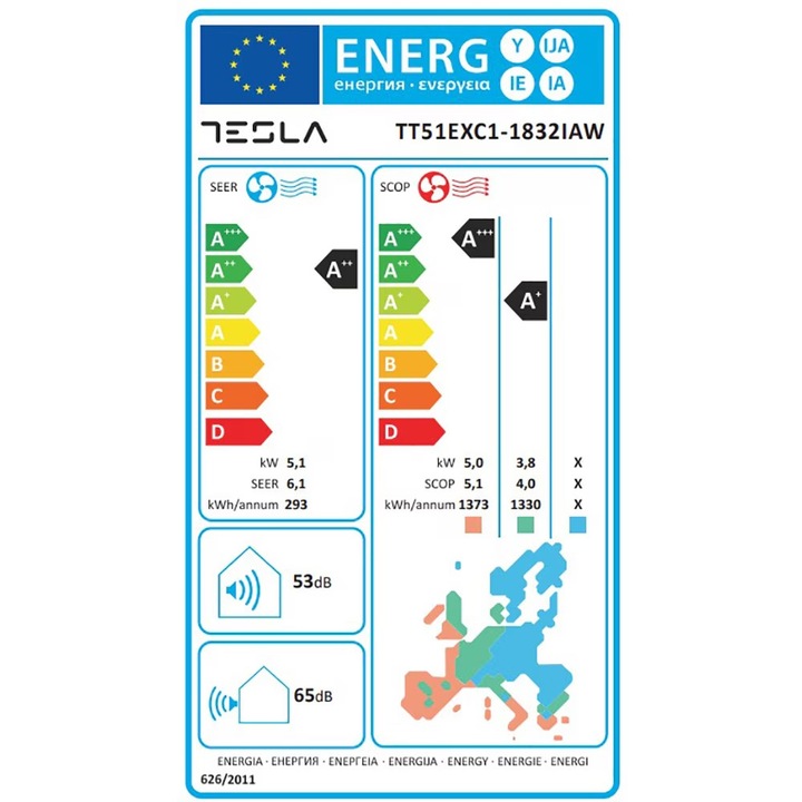 Aer Conditionat TESLA Ambient TT51EXC1-1832IAW, 18000 BTU, A++/A+, Inverter, I Feel, Functie Antifungica, Autocuratare, Dezumidificator, Wi-Fi, Alb