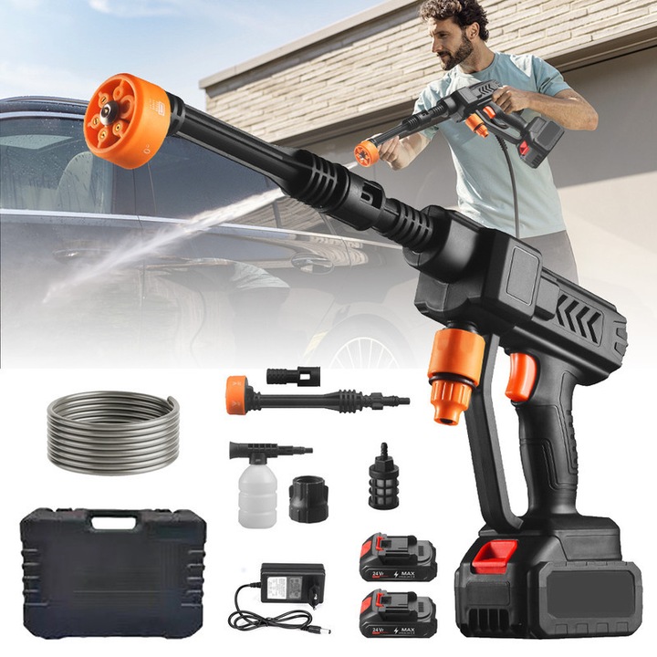 Aparat de Spalat cu Presiune Portabil IDAMAKON Fara fir Duza 6 in 1 600W 60 bar 2 Acumulatori 5m Furtun Potrivit pentru masina Gradina si casa Negru