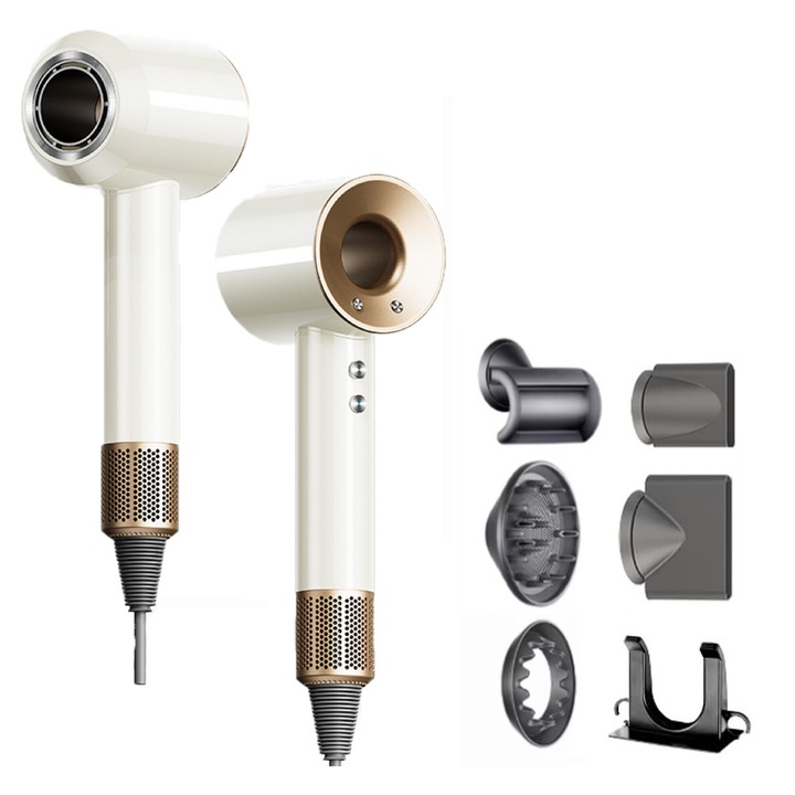 ANTCOOL, Prémium hajszárító, 110 000 fordulat/perc fordulatszámmal, hajápolási technológia 200 millió negatív ionnal, 3 fokozatban állítható hideg/meleg levegő, 5 konverziós fej, 2000 W, arany