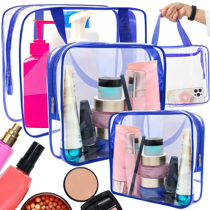 Комплект от 3 козметични чантички Retoo BeautyCare, с цип, прозрачен водоустойчив органайзер, идеален за грим, аксесоари и продукти за грижа, елегантен дизайн с черни акценти, 3 различни размера: 30x10x22см, 24x5x20см, 18x4x14см, PVC материал