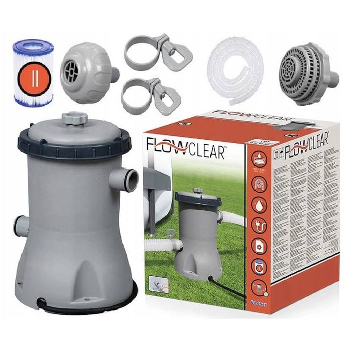 Pompa curatare piscina cu filtru, Bestway, 32W, 3028l/h, 30 x 18 cm, gri