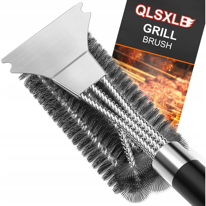 Perie de curatare pentru gratar cu racleta, Luka, otel inoxidabil, maner lung, 3 randuri de perii