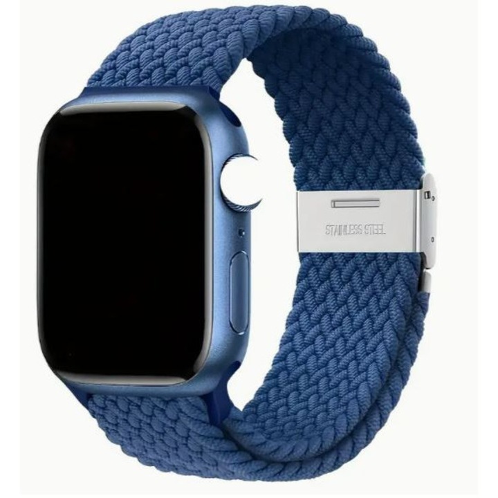 Curea tip bratara impletita compatibil cu Apple Watch 6, 7, 8, 9, X, SE, Ultra, reglabila 42/44/45, culoare albastru Navy