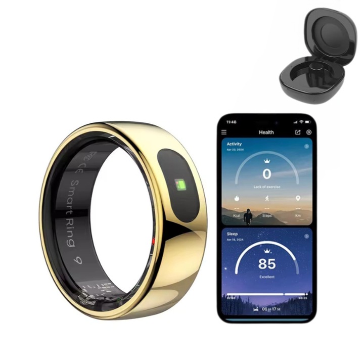 Смарт пръстен, Kingstar, Smart Ring Nano Ceramic 57 мм, пулсомер, ниво на кислород, 7-дневна батерия, водоустойчив (IPX8), специална кутия за зареждане, съвместим с Android и iOS, златен