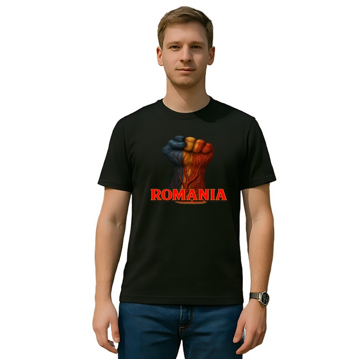 Tricou Romania pumn dreptate cu text, Barbat, 100% bumbac, Cri-Flo, Culoare Negru, Marime S