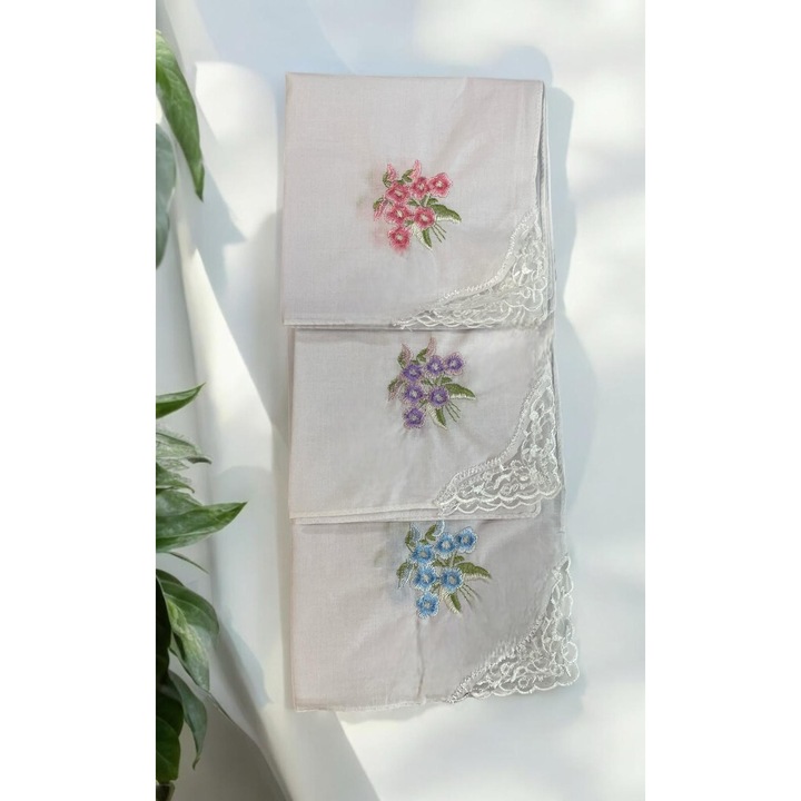 Set 12 Batiste Dama cu Broderie si Danteluta din Bumbac 100 %, 27 x 27 cm Alb Roz Mov Bleu