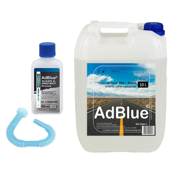 Set AdBlue Multimarca 10L, avizat RAR, palnie de umplere inclusa si Aditiv RAVENOL Clean & Protect Premix 50ml