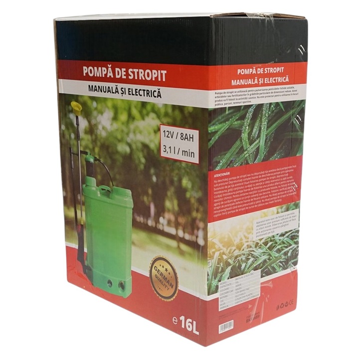 Pompa stropit 8 ATM, electric + manual, kit bretele ergonomice, incarcare 220V, baterie capacitate mare 8AH, volum apa +16l, compacta, 3 tipuri de duze