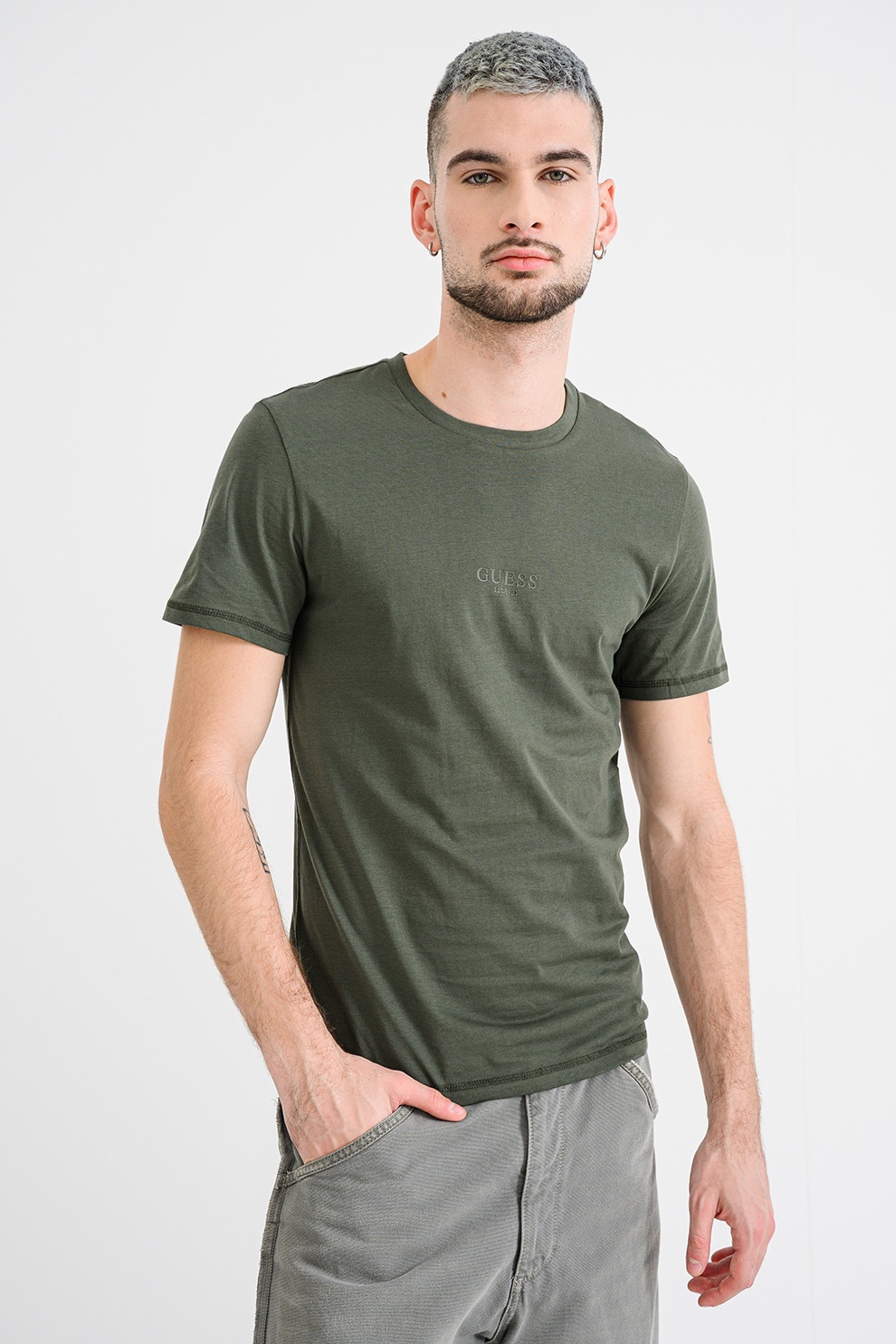 GUESS, Tricou slim fit de bumbac, Verde sparanghel, S