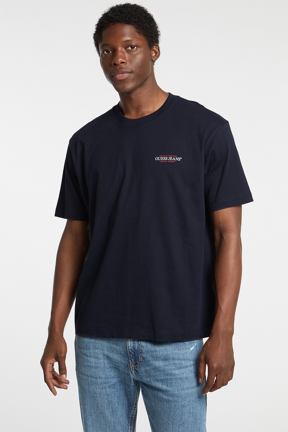 GUESS JEANS, Tricou lejer cu imprimeu logo, Rosu, Alb optic, Bleumarin, L