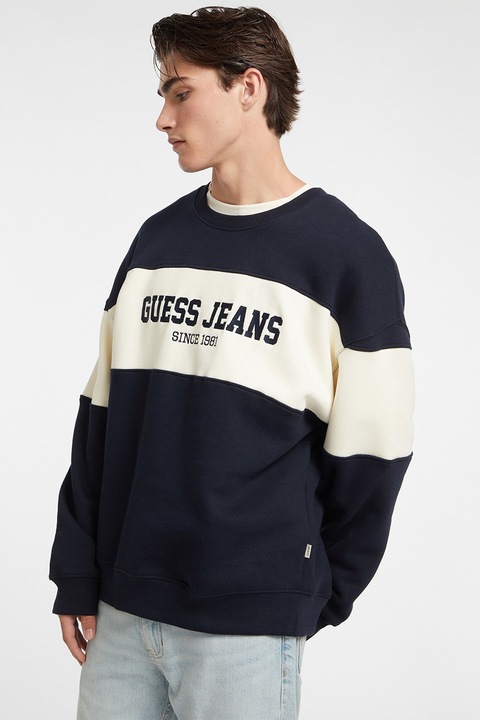 GUESS JEANS, Bluza de trening supradimensionata cu decolteu la baza gatului, Albastru ultramarin/Alb murdar