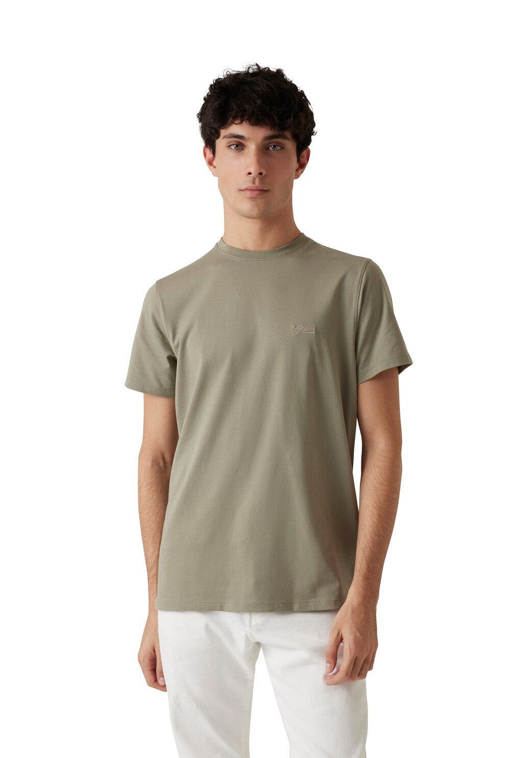 GUESS, Tricou slim fit cu decolteu la baza gatului, Verde prafuit, M