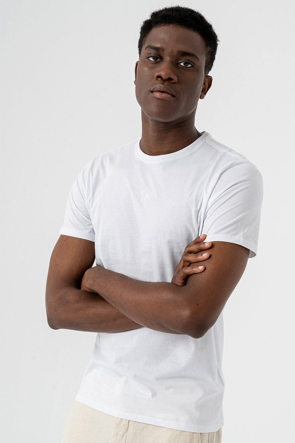 GUESS, Tricou din bumbac cu decolteu la baza gatului, Alb optic, L