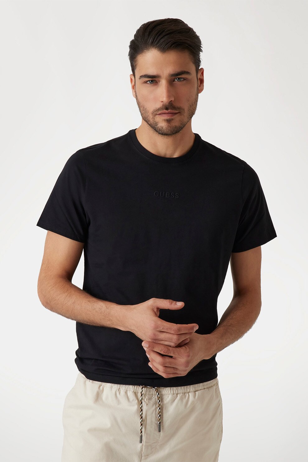 GUESS, Tricou din bumbac cu decolteu la baza gatului, Negru, M