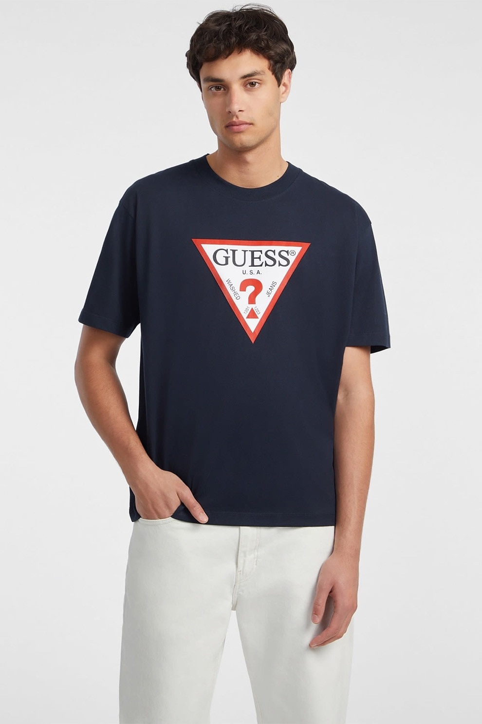GUESS JEANS, Tricou supradimensionat din bumbac organic Iconic, Rosu, Alb murdar, Bleumarin, L