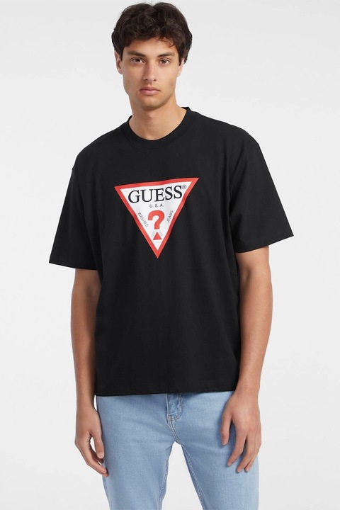 GUESS JEANS, Iconic bő fazonú organikuspamut póló, Fekete/Korallszín/Törtfehér