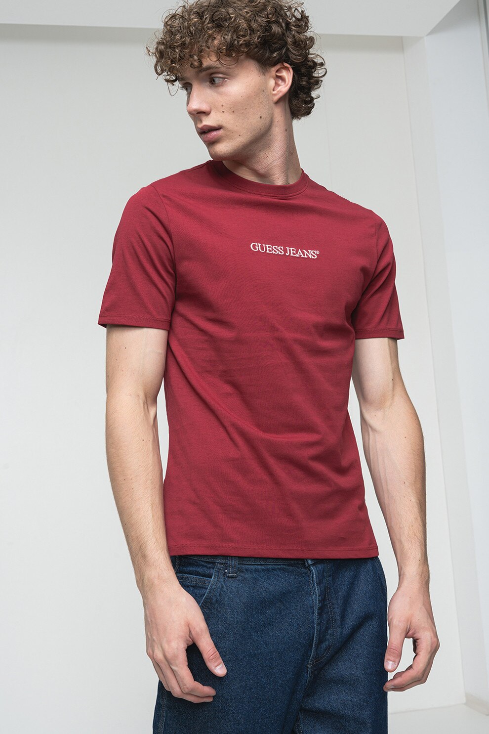 GUESS JEANS, Tricou din bumbac cu imprimeu logo, Rosu inchis, XL