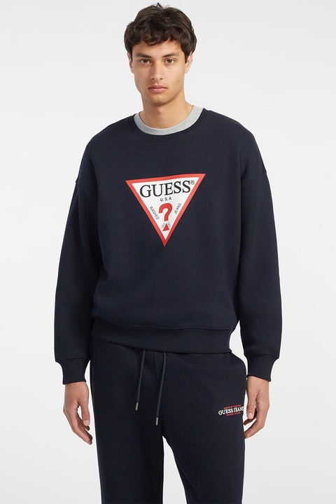 GUESS JEANS, Bluza de trening cu imprimeu logo, Coral/Albastru ultramarin/Alb murdar