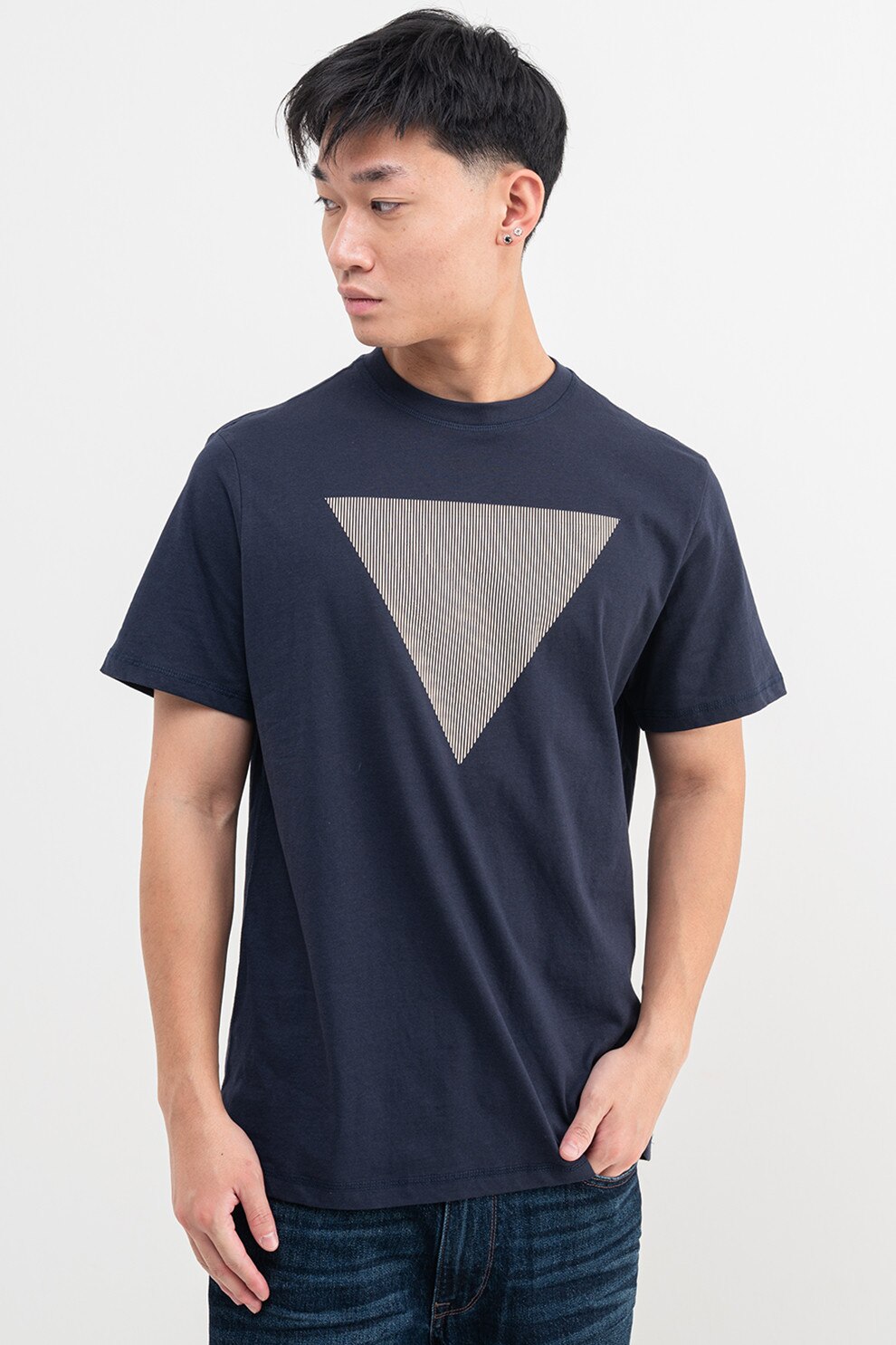 GUESS, Tricou cu imprimeu logo pe piept, Bej deschis, Bleumarin, M