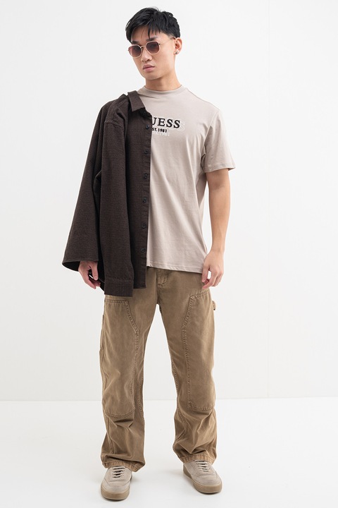 GUESS, Памучна тениска с овално деколте, Черен/Бежов