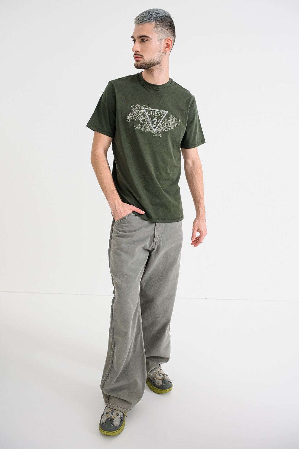 GUESS, Tricou brodat de bumbac, verde militar inchis, M