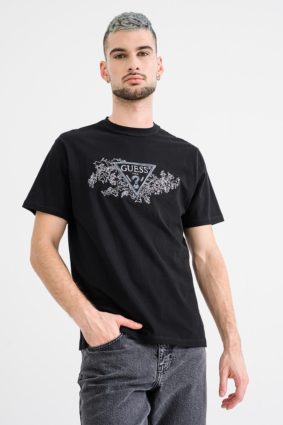 GUESS, Tricou brodat de bumbac, Negru, M