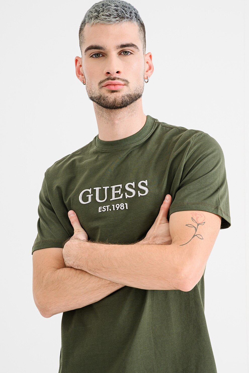 GUESS, Tricou de bumbac cu logo brodat, verde militar inchis, M