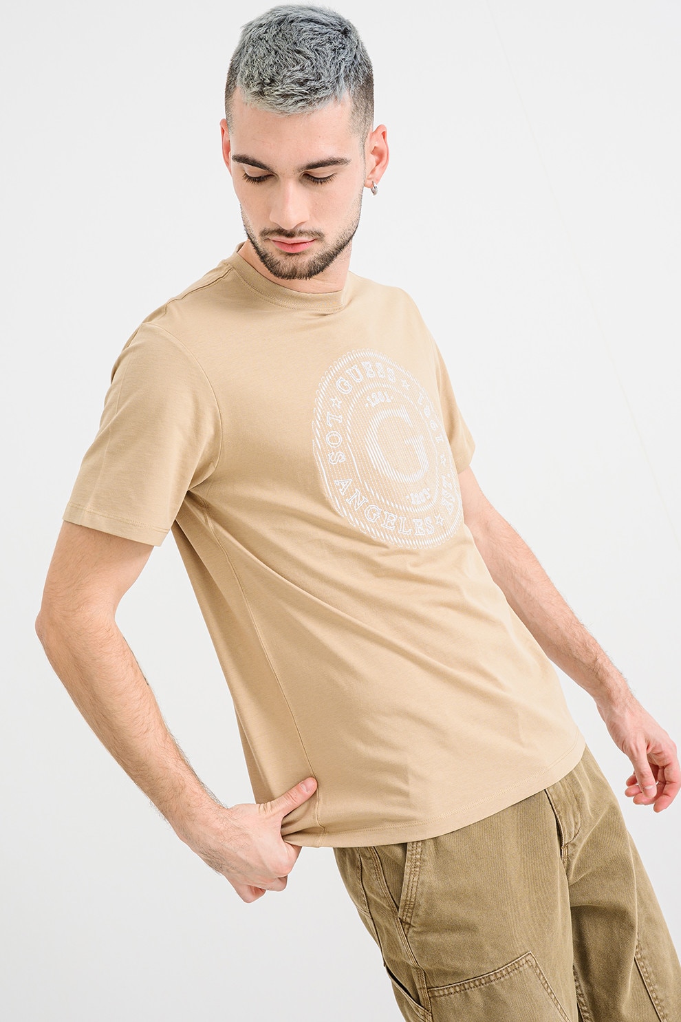 GUESS, Tricou din bumbac cu logo brodat, Maro nisip, M