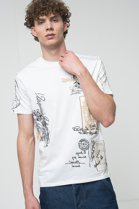 GUESS, Mintás pamutpóló, Fehér/Fekete/Világosbarna