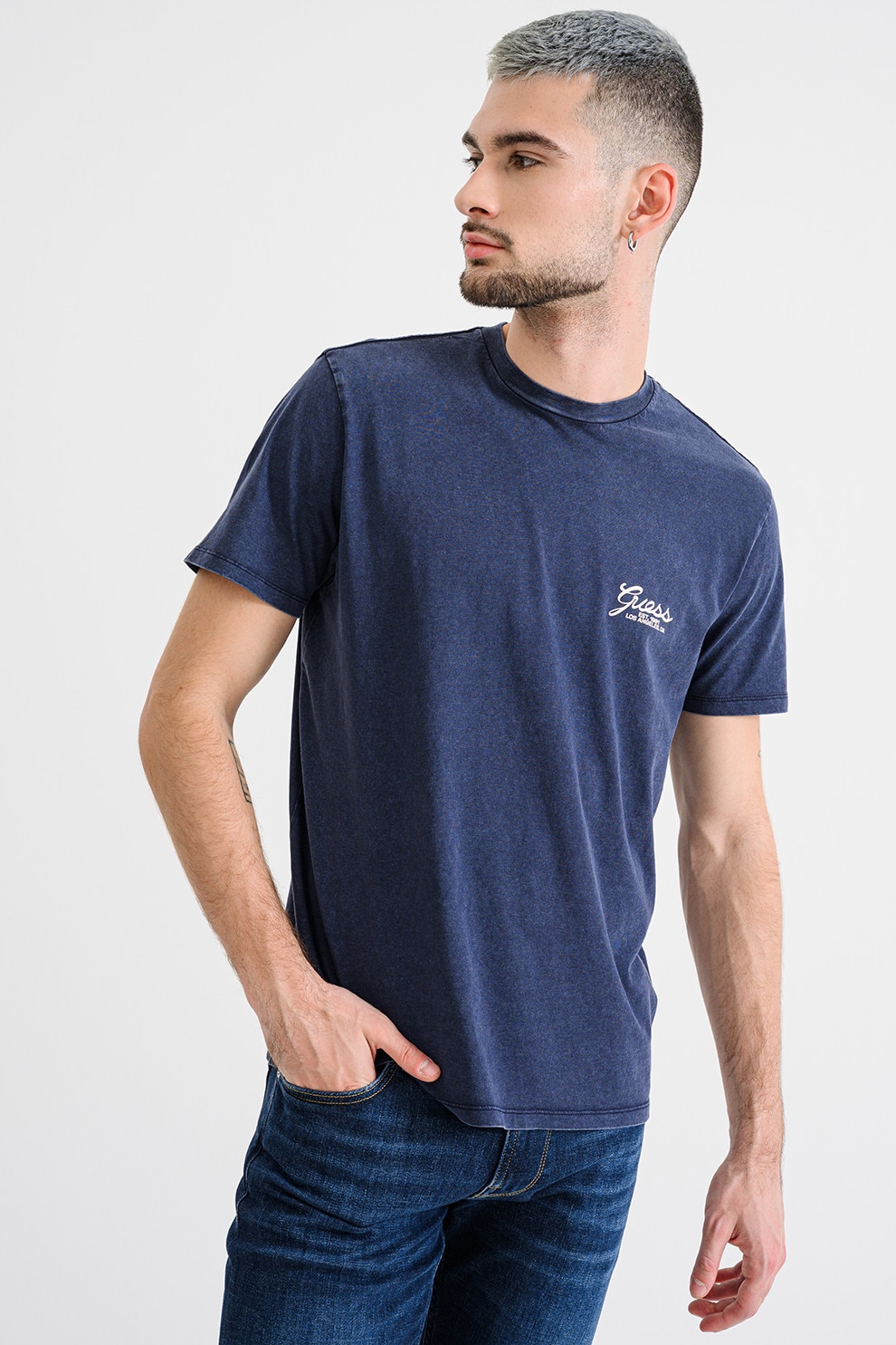 GUESS, Tricou din bumbac cu logo pe partea din spate, Indigo, L
