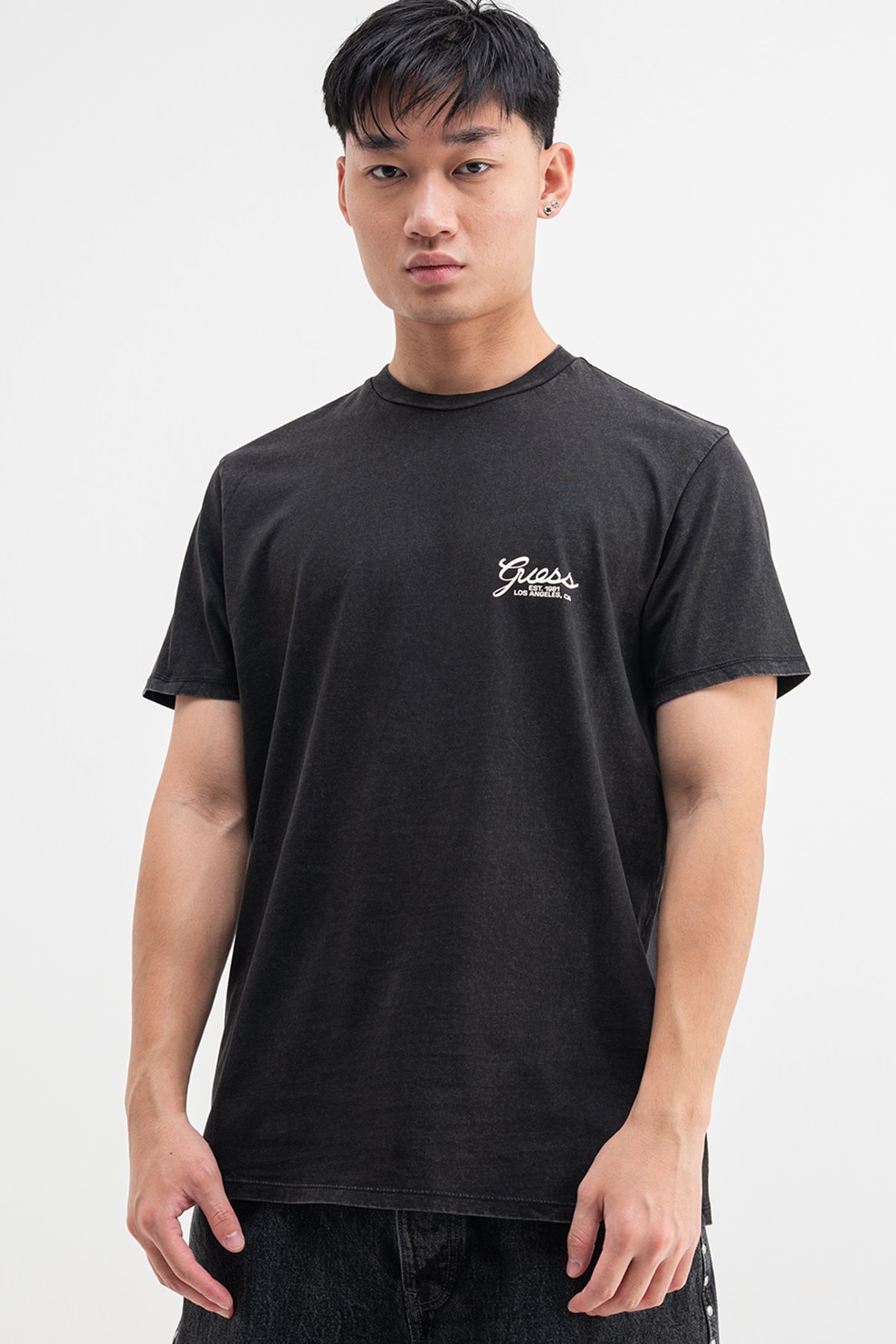 GUESS, Tricou din bumbac cu logo pe partea din spate, Alb murdar, Gri inchis, L