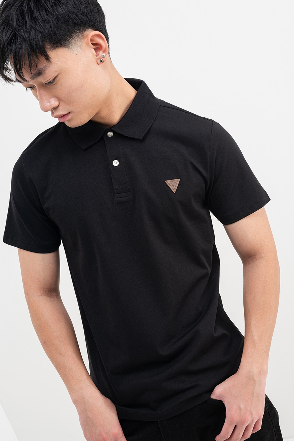 GUESS, Tricou polo din amestec de bumbac cu logo discret, Negru, M