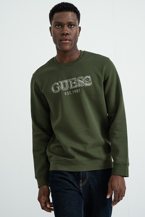 GUESS, Bluza de trening cu logo brodat, Verde aquamarin/Alb murdar