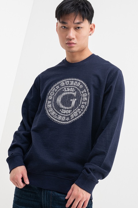 GUESS, Bluza de trening din amestec de bumbac, cu logo, Alb murdar/Bleumarin