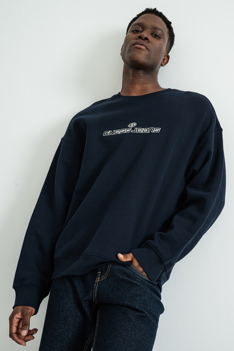 GUESS JEANS, Bluza de trening lejera cu maneci cazute, Alb murdar/Bleumarin