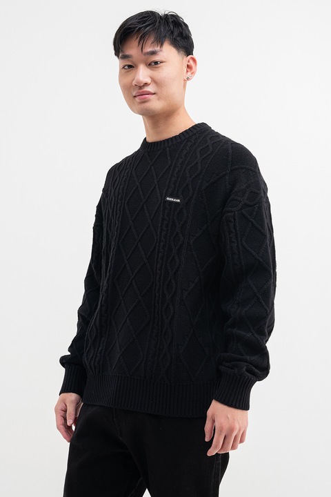 GUESS JEANS, Csavart kötésmintás gyapjútartalmú pulóver, Fekete