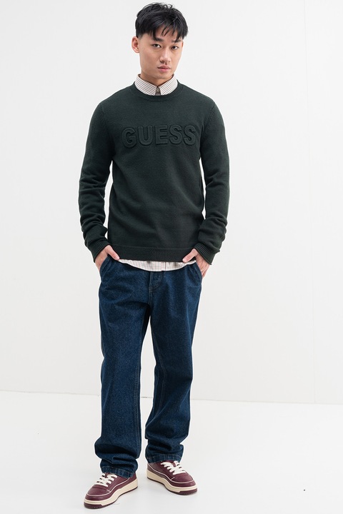 GUESS, Kerek nyakú pulóver domború logóval, Angolzöld