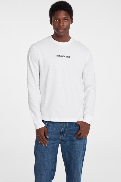 GUESS JEANS, Bluza de bumbac cu logo brodat, Alb optic