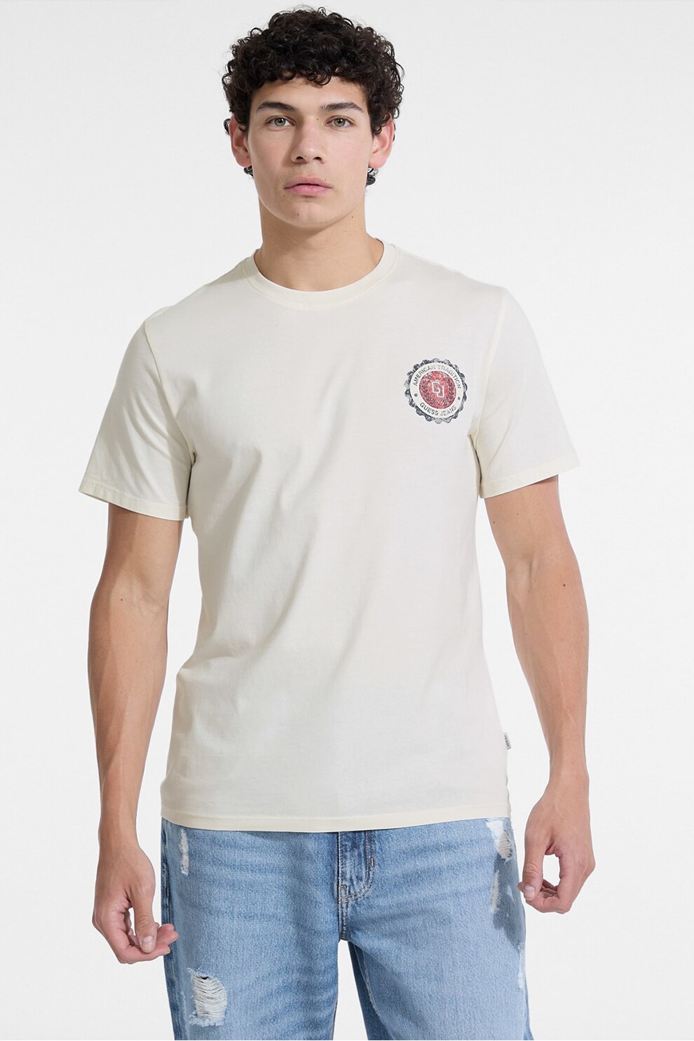 GUESS JEANS, Tricou de bumbac cu logo, Rosu, Alb murdar, L