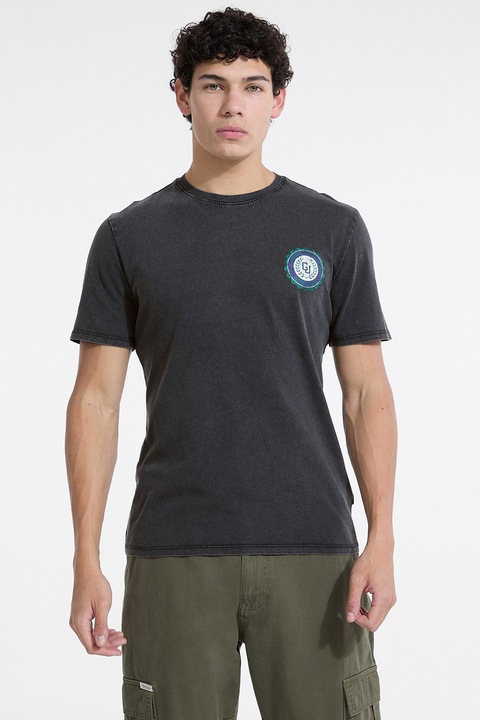 GUESS JEANS, Памучна тениска с лого, Избеляло черно, Син, M