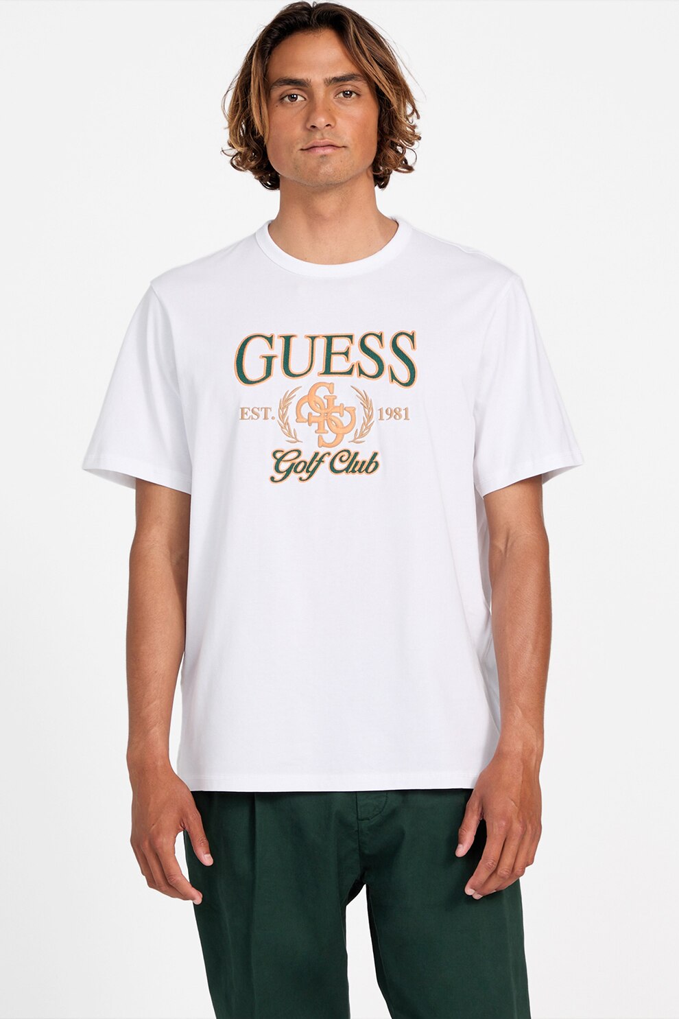 GUESS, Tricou de bumbac cu logo brodat, Alb, Portocaliu, S