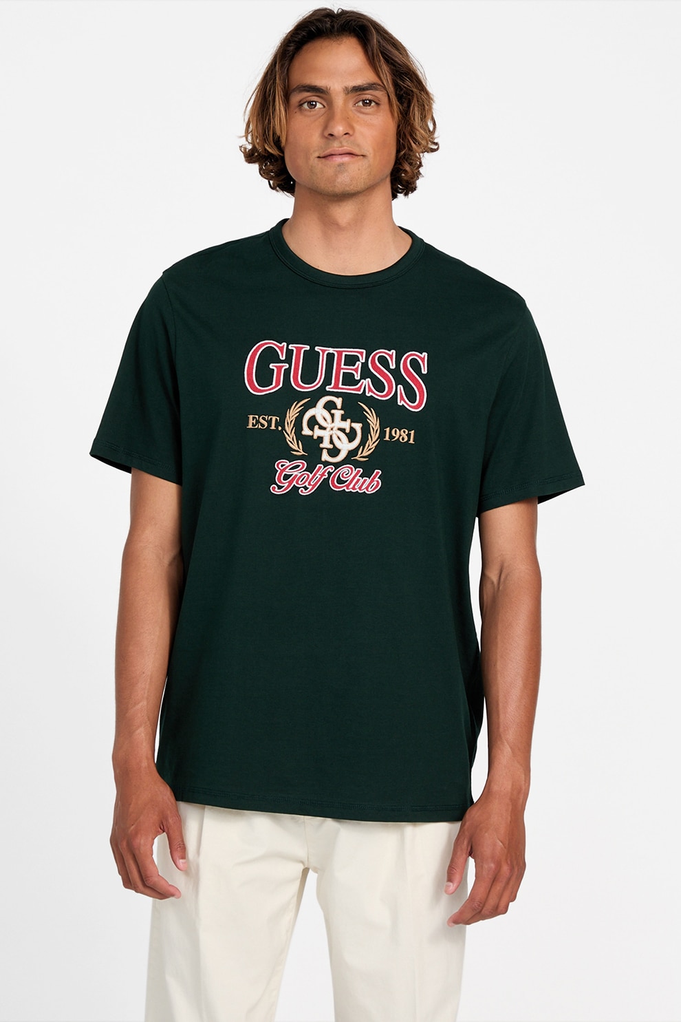 GUESS, Tricou de bumbac cu logo brodat, Rosu, Verde inchis, S