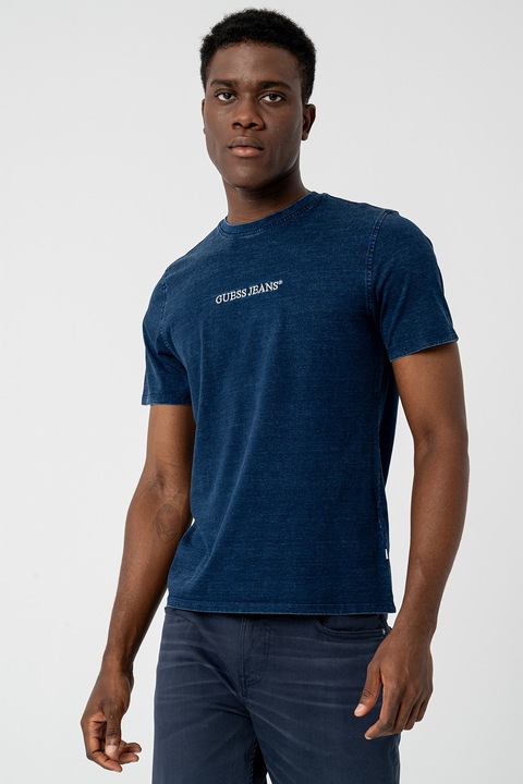 GUESS JEANS, Тениска с бродирано лого, Тъмносин/Мръснобял