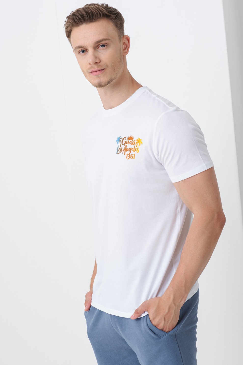 GUESS, Tricou de bumbac cu logo si imprimeu grafic, Portocaliu, Alb optic, M