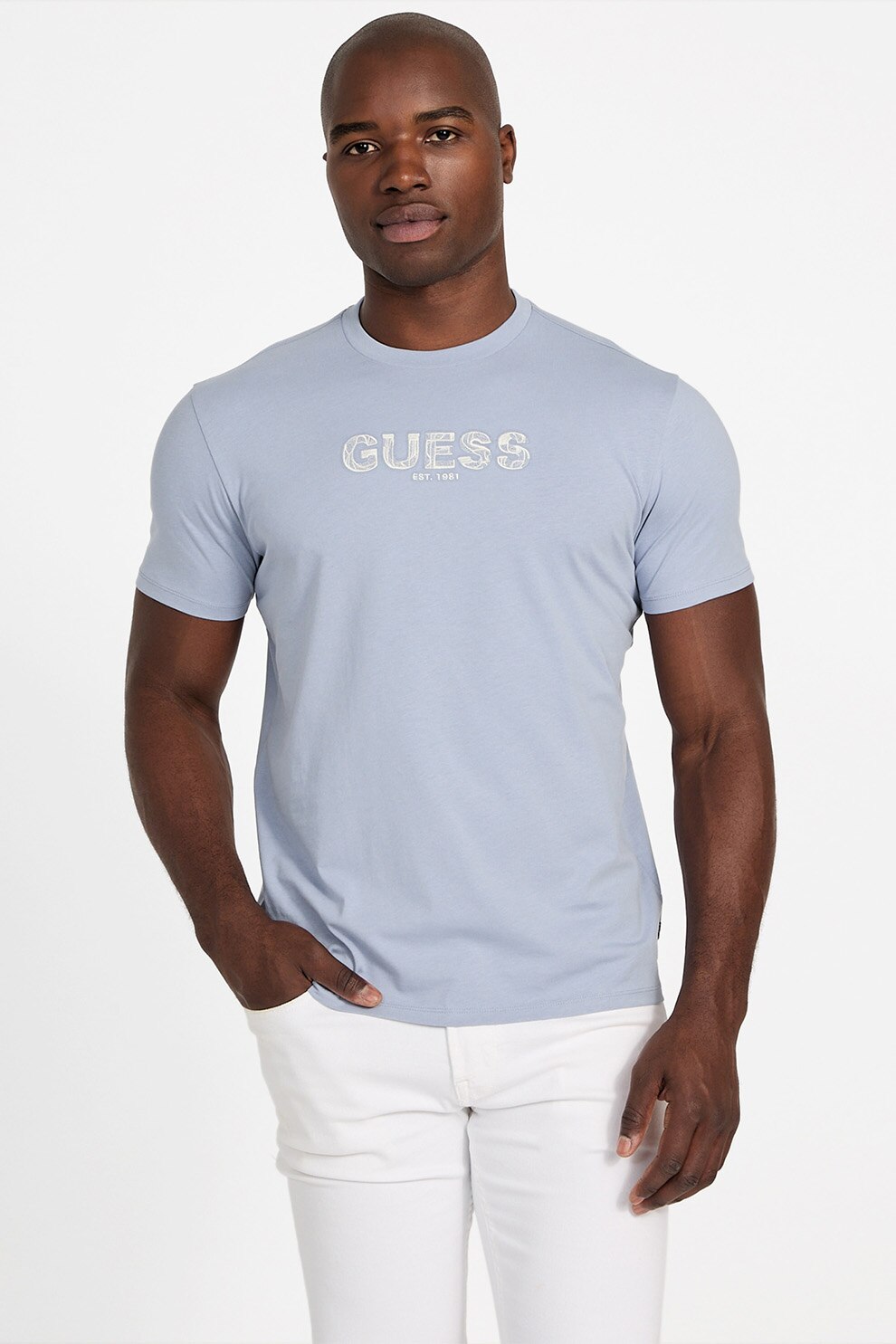 GUESS, Tricou cu decolteu la baza gatului si logo, Albastru lavanda, 2XL
